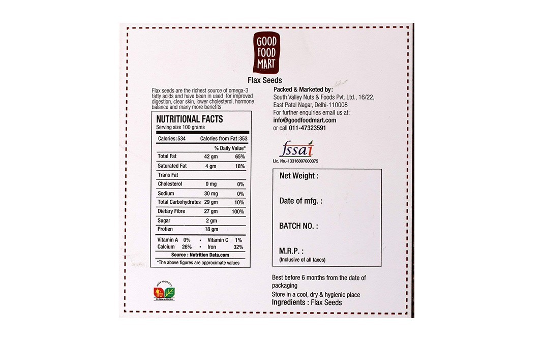Good Food Mart Flax Seeds    Pack  800 grams